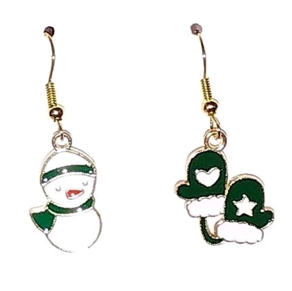 Holiday Christmas Snowman Hat Scarf & Mittens Gold Plated Dangle Drop Earrings